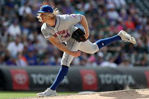 DENVER, COLORADO – SEPTEMBER 18: Starting pitcher Noah  Syndergaard #34 of the New York Mets throws in the sixth inning against the Colorado Rockies at Coors Field on September 18, 2019 in Denver, Colorado. (Photo by Matthew Stockman/Getty Images)