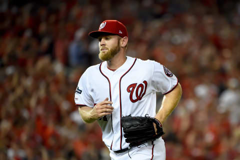 WASHINGTON, DC – OCTOBER 01: Stephen  Strasburg #37 of the Washington Nationals reacts after closing out the sixth inning against the Milwaukee Brewers in the National League Wild Card game at Nationals Park on October 01, 2019 in Washington, DC. (Photo by Will Newton/Getty Images)