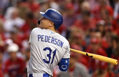 WASHINGTON, DC – OCTOBER 07: Joc  Pederson #31 of the Los Angeles Dodgers flies out in the first inning against the Washington Nationals in game four of the National League Division Series at Nationals Park on October 07, 2019 in Washington, DC. (Photo by Rob Carr/Getty Images)