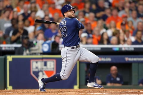 HOUSTON, TEXAS – OCTOBER 10: Padres Tommy  Pham #29 of the Tampa Bay Rays flies out against the Houston Astros during the third inning in game five of the American League Division Series at Minute Maid Park on October 10, 2019 in Houston, Texas. (Photo by Bob Levey/Getty Images)