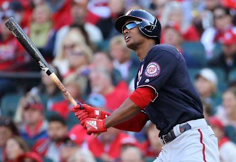 ST LOUIS, MISSOURI – OCTOBER 12: Michael A.  Taylor #3 of the Washington Nationals watches his solo home run during the third inning of game two of the National League Championship Series against the St. Louis Cardinals at Busch Stadium on October 12, 2019 in St Louis, Missouri. (Photo by Scott Kane/Getty Images)