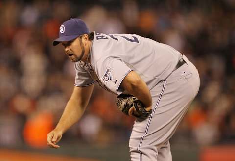 Heath Bell #21 of the San Diego Padres. (Photo by Ezra Shaw/Getty Images)