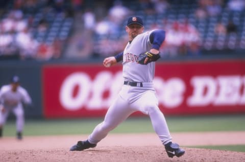 7 Jun 1998: Trevor Hoffman #51 of the San Diego Padres in action during an interleague game against the Texas Rangers at The Ball Park in Arlington, Texas. The Padres defeated the Rangers 17-8. Mandatory Credit: Stephen Dunn /Allsport