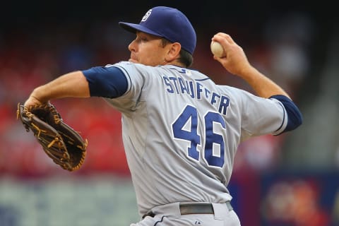 ST. LOUIS, MO – AUGUST 17: Reliever Tim Stauffer #46 of the San Diego Padres pitches against the St. Louis Cardinals in the fifth inning at Busch Stadium on August 17, 2014 in St. Louis, Missouri. The Cardinals beat the Padres 7-6. (Photo by Dilip Vishwanat/Getty Images)