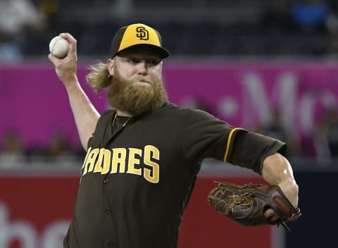 SAN DIEGO, CALIFORNIA – APRIL 22: Andrew Cashner #34 of the San Diego Padres pitches during the first inning of a baseball game against the St. Louis Cardinals at PETCO Park on April 22, 2016 in San Diego, California. (Photo by Denis Poroy/Getty Images)