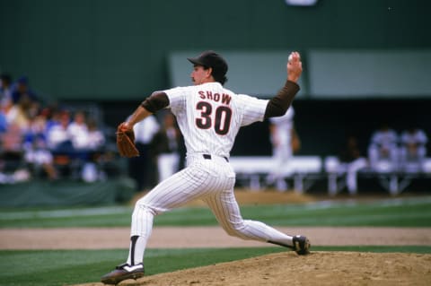 1986 – Eric Show #30 of the San Diego Padres pitches during a game at Jack Murphy Stadium in San Diego, California. (Photo by: Stephen Dunn/Getty Images)