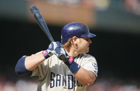 SAN FRANCISCO – SEPTEMBER 14: Khalil Greene #3 of the San Diego Padres stands ready at bat during the game against the San Francisco Giants against at SBC Park on September 14th, 2005 in San Francisco, California. The Padres won 5-4. (Photo by Jed Jacobsohn/Getty Images)