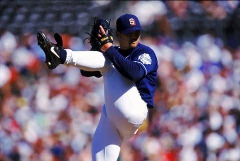 15 Aug 1999: Relief ace Trevor Hoffman #51 of the San Diego Padres winds back to pitch against the Florida Marlins at Qualcomm Stadium in San Diego, California. The Padres defeated the Marlins 7-6. Mandatory Credit: Stephen Dunn /Allsport