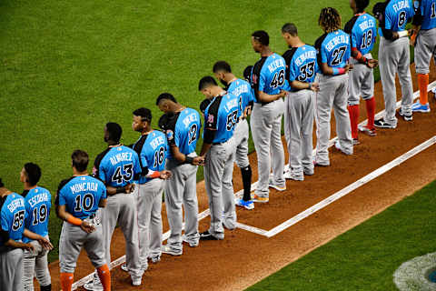 MIAMI, FL – JULY 09: The World Team stands for the National Anthem prior to the SiriusXM All-Star Futures Game against the U.S. Team at Marlins Park on July 9, 2017 in Miami, Florida. (Photo by Mark Brown/Getty Images)