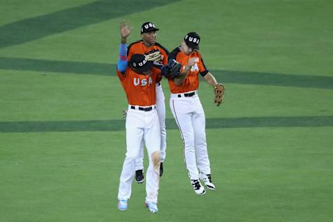 MIAMI, FL – JULY 09: Members of the U.S. Team celebrate after defeating World Team 7 to 6 during the SiriusXM All-Star Futures Game at Marlins Park on July 9, 2017 in Miami, Florida. (Photo by Rob Carr/Getty Images)