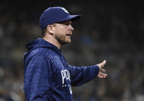 SAN DIEGO, CA – APRIL 17: San Diego Padres manager Andy Green comes onto the field during a baseball game against the Los Angeles Dodgers at PETCO Park on April 17, 2018 in San Diego, California. (Photo by Denis Poroy/Getty Images)