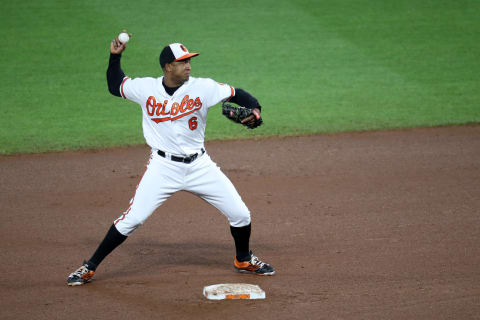 BALTIMORE, MD – MAY 10: Second baseman Jonathan Schoop #6 of the Baltimore Orioles throws to first base after forcing out a Kansas City Royals runner at Oriole Park at Camden Yards on May 10, 2018 in Baltimore, Maryland. (Photo by Rob Carr/Getty Images)