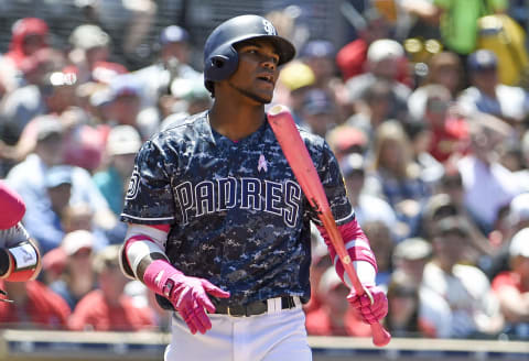 SAN DIEGO, CA – MAY 13: Franchy Cordero #33 of the San Diego Padres reacts to a called strike out during the third inning of a baseball game against the St. Louis Cardinals at PETCO Park on May 13, 2018 in San Diego. (Photo by Denis Poroy/Getty Images)