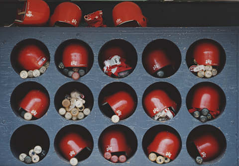 A general view of the bat and helmet storage rack for the St. Louis Cardinals during their Major League Baseball National League West game against the San Diego Padres on 11 May 1997 at Qualcomm Stadium, San Diego, California, United States. (Photo by Jason Wise/Allsport/Getty Images)