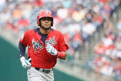 WASHINGTON, DC – JULY 15: Fernando Tatis #23 of the San Diego Padres and the World Team flies out against the U.S. Team during the SiriusXM All-Star Futures Game at Nationals Park on July 15, 2018 in Washington, DC. (Photo by Rob Carr/Getty Images)