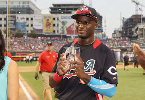 WASHINGTON, DC – JULY 15: Taylor Trammell #5 of the Cincinnati Reds and the U.S. Team poses with the Larry Doby Award after defeating the World Team in the SiriusXM All-Star Futures Game at Nationals Park on July 15, 2018 in Washington, DC. (Photo by Rob Carr/Getty Images)