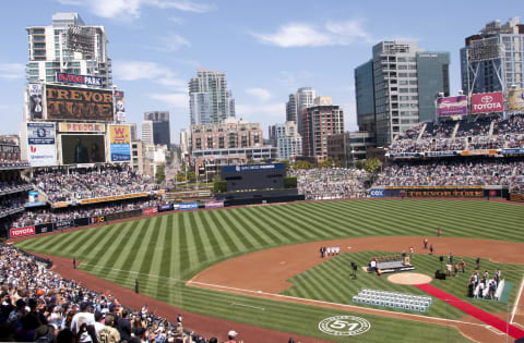 SAN DIEGO, CA – AUGUST 21: MLB All-Time saves (601) leader Trevor Hoffman walks with his family into the infield jersey retirement ceremony held by the San Diego Padres prior to the game against the Florida Marlins at Petco Park on August 21, 2011 in San Diego, California. (Photo by Kent C. Horner/Getty Images)