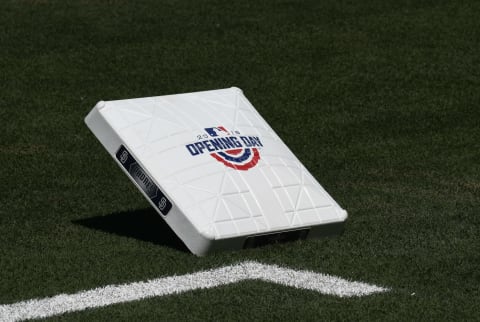 SAN DIEGO, CA – MARCH 29: A first base with the Opening Day logo sits on the field on Opening Day between the Milwaukee Brewers and the San Diego Padres at PETCO Park on March 29, 2018 in San Diego, California. (Photo by Denis Poroy/Getty Images)