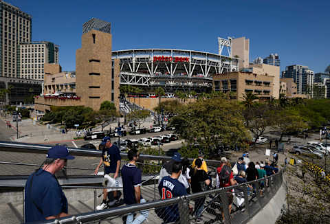 SAN DIEGO, CA – MARCH 29: San Diego Padres fans walk to Petco Park on Opening Day between the Milwaukee Brewers and the San Diego Padres at PETCO Park on March 29, 2018 in San Diego, California. (Photo by Denis Poroy/Getty Images)