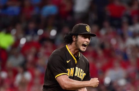 ST LOUIS, MO - SEPTEMBER 18: Yu Darvish #11 of the San Diego Padres reacts after Edmundo Sosa #63 of the St. Louis Cardinals grounded out to end the seventh inning at Busch Stadium on September 18, 2021 in St Louis, Missouri. (Photo by Jeff Curry/Getty Images)