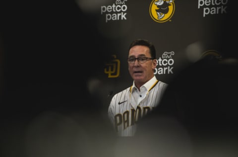 SAN DIEGO, CA - NOVEMBER 01: San Diego Padres Manager Bob Melvin speaks to the media at PETCO Park on November 1, 2021 in San Diego, California. (Photo by Matt Thomas/San Diego Padres/Getty Images)