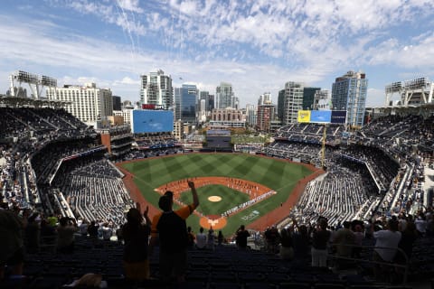 SAN DIEGO, CALIFORNIA – APRIL 01: A general view of the stadium as teams were announced prior to a game between the Arizona Diamondbacks and the San Diego Padres on Opening Day at PETCO Park on April 01, 2021 in San Diego, California. (Photo by Sean M. Haffey/Getty Images)