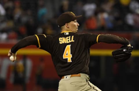 PHOENIX, ARIZONA – AUGUST 31: Blake Snell #4 of the San Diego Padres delivers a seventh inning pitch against the Arizona Diamondbacks at Chase Field on August 31, 2021 in Phoenix, Arizona. (Photo by Norm Hall/Getty Images)