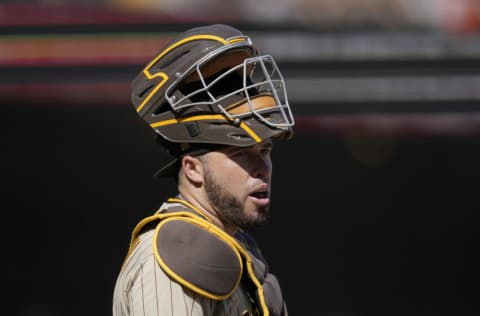 SAN FRANCISCO, CALIFORNIA - OCTOBER 02: Victor Caratini #17 of the San Diego Padres looks on from his position against the San Francisco Giants in the bottom of the fourth inning at Oracle Park on October 02, 2021 in San Francisco, California. (Photo by Thearon W. Henderson/Getty Images)