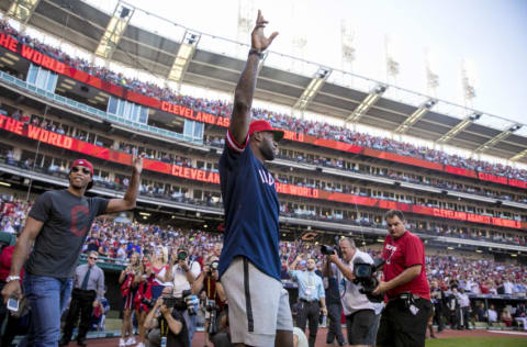 CLEVELAND, OH - OCTOBER 7: LeBron James #23 of the Cleveland Cavaliers is introduced before game two of the American League Division Series between the Boston Red Sox and the Cleveland Indians on October 7, 2016 at Progressive Field in Cleveland, Ohio. (Photo by Billie Weiss/Boston Red Sox/Getty Images)