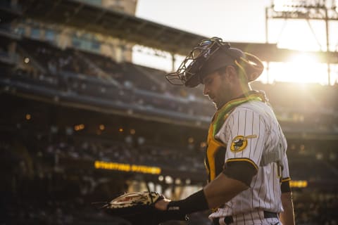 SAN DIEGO, CA – JUNE 20: Austin Nola #26 of the San Diego Padres walks to the dugout before the game against the Arizona Diamondbacks on June 20, 2022 at Petco Park in San Diego, California. (Photo by Matt Thomas/San Diego Padres/Getty Images)