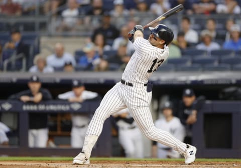 NEW YORK, NEW YORK – JUNE 16: Joey Gallo #13 of the New York Yankees swings at a pitch during the third inning against the Tampa Bay Rays at Yankee Stadium on June 16, 2022 in the Bronx borough of New York City. (Photo by Sarah Stier/Getty Images)