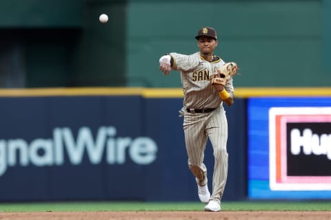 MILWAUKEE, WISCONSIN – JUNE 02: Sergio Alcantara #41 of the San Diego Padres throws out a runner during the game against the Milwaukee Brewers at American Family Field on June 02, 2022 in Milwaukee, Wisconsin. (Photo by John Fisher/Getty Images)