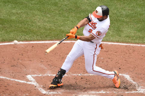 BALTIMORE, MD – JULY 10: Anthony Santander #25 of the Baltimore Orioles takes a swing during a baseball game against the Los Angeles Angels at Oriole Park at Camden Yards on July 10, 2022 in Baltimore, Maryland. (Photo by Mitchell Layton/Getty Images)