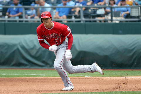 KANSAS CITY, MISSOURI – JULY 27: Shohei Ohtani #17 of Japan of the Los Angeles Angels breaks for second during the 3rd inning of the game against the Kansas City Royals at Kauffman Stadium on July 27, 2022 in Kansas City, Missouri. (Photo by Jamie Squire/Getty Images)