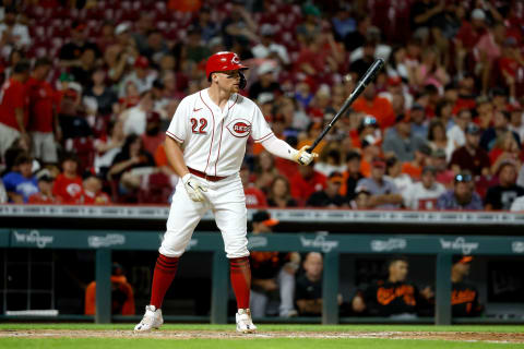 CINCINNATI, OH – JULY 29: Brandon Drury #22 of the Cincinnati Reds bats during the game against the Baltimore Orioles at Great American Ball Park on July 29, 2022 in Cincinnati, Ohio. Baltimore defeated Cincinnati 6-2. (Photo by Kirk Irwin/Getty Images)