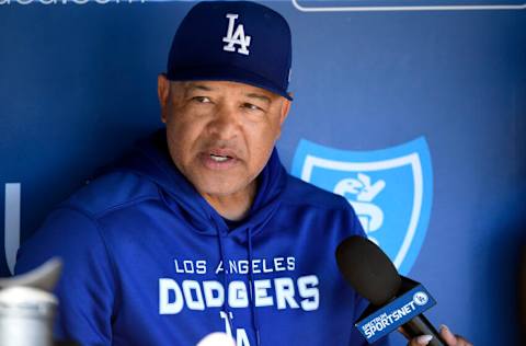 LOS ANGELES, CA - SEPTEMBER 25: Manager Dave Roberts #30 of the Los Angeles Dodgers speaks to the media during a news conference before the start of the game against the St. Louis Cardinals at Dodger Stadium on September 25, 2022 in Los Angeles, California. (Photo by Kevork Djansezian/Getty Images)