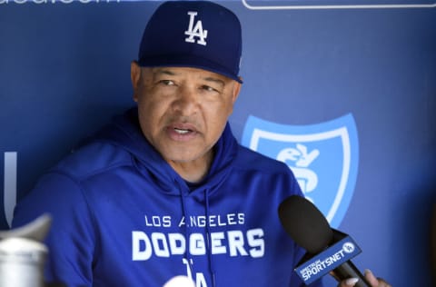 LOS ANGELES, CA - SEPTEMBER 25: Manager Dave Roberts #30 of the Los Angeles Dodgers speaks to the media during a news conference before the start of the game against the St. Louis Cardinals at Dodger Stadium on September 25, 2022 in Los Angeles, California. (Photo by Kevork Djansezian/Getty Images)