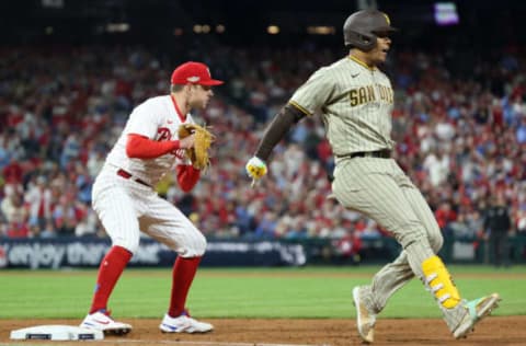 PHILADELPHIA, PENNSYLVANIA – OCTOBER 21: Juan Soto #22 of the San Diego Padres is forced out at first base during the fifth inning against the Philadelphia Phillies in game three of the National League Championship Series at Citizens Bank Park on October 21, 2022 in Philadelphia, Pennsylvania. (Photo by Tim Nwachukwu/Getty Images)