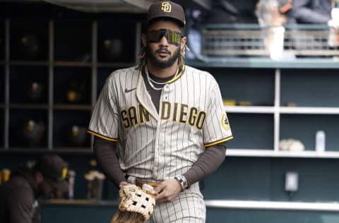 SAN FRANCISCO, CALIFORNIA - SEPTEMBER 16: Fernando Tatis Jr. #23 of the San Diego Padres looks on from the dugout prior to the start of the game against the San Francisco Giants at Oracle Park on September 16, 2021 in San Francisco, California. (Photo by Thearon W. Henderson/Getty Images)