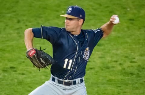 AMARILLO, TEXAS - APRIL 20: Pitcher Tom Cosgrove #11 of the San Antonio Missions pitches during the game against the Amarillo Sod Poodles at HODGETOWN Stadium on April 20, 2022 in Amarillo, Texas. (Photo by John E. Moore III/Getty Images)