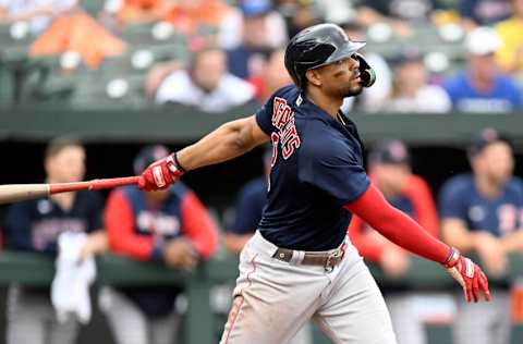 BALTIMORE, MARYLAND - SEPTEMBER 11: Xander Bogaerts #2 of the Boston Red Sox bats against the Baltimore Orioles (Photo by G Fiume/Getty Images)