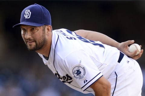 SAN DIEGO, CA - JUNE 4: Huston Street #16 looks at catcher Rene Rivera #44 of the San Diego Padres (Photo by Andy Hayt/San Diego Padres/Getty Images) *** LOCAL CAPTION *** Huston Street