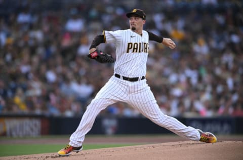 Aug 3, 2022; San Diego, California, USA; San Diego Padres starting pitcher Blake Snell (4) throws a pitch against the Colorado Rockies during the first inning at Petco Park. Mandatory Credit: Orlando Ramirez-USA TODAY Sports