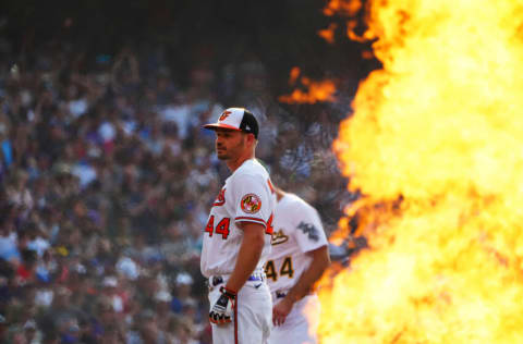 Jul 12, 2021; Denver, CO, USA; Fire pyrotechnics go off behind Baltimore Orioles first baseman Trey Mancini prior to the 2021 MLB Home Run Derby. Mandatory Credit: Mark J. Rebilas-USA TODAY Sports