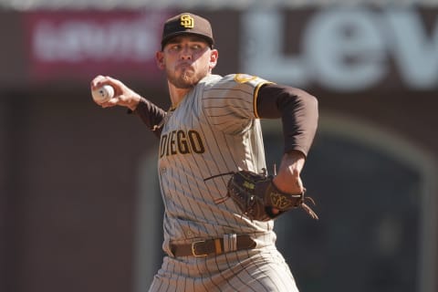 Oct 2, 2021; San Francisco, California, USA; San Diego Padres starting pitcher Joe Musgrove (44) throws a pitch during the second inning against the San Francisco Giants at Oracle Park. Mandatory Credit: Darren Yamashita-USA TODAY Sports