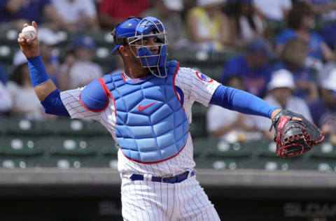 Mar 19, 2022; Mesa, Arizona, USA; Chicago Cubs catcher Willson Contreras (40) throws to secondbase in the first inning during a spring training game against the San Diego Padres at Sloan Park. Mandatory Credit: Rick Scuteri-USA TODAY Sports