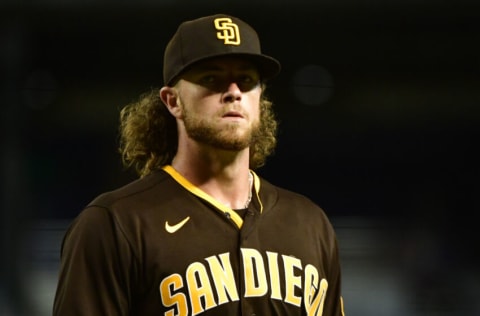 Aug 30, 2021; Phoenix, Arizona, USA; San Diego Padres pitcher Chris Paddack (59) reacts after pulled from the game in the fifth inning against the Arizona Diamondbacks at Chase Field. Mandatory Credit: Matt Kartozian-USA TODAY Sports