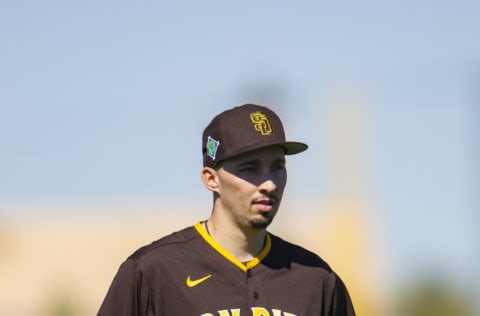 Mar 15, 2022; Peoria, AZ, USA; San Diego Padres pitcher Blake Snell during spring training workouts at the San Diego Padres Spring Training Complex. Mandatory Credit: Mark J. Rebilas-USA TODAY Sports