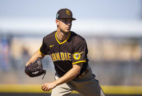 Mar 15, 2022; Peoria, AZ, USA; San Diego Padres pitcher MacKenzie Gore during spring training workouts at the San Diego Padres Spring Training Complex. Mandatory Credit: Mark J. Rebilas-USA TODAY Sports