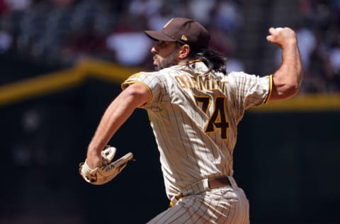 Apr 10, 2022; Phoenix, Arizona, USA; San Diego Padres starting pitcher Nabil Crismatt (74) pitches during the first inning at Chase Field. Mandatory Credit: Joe Camporeale-USA TODAY Sports